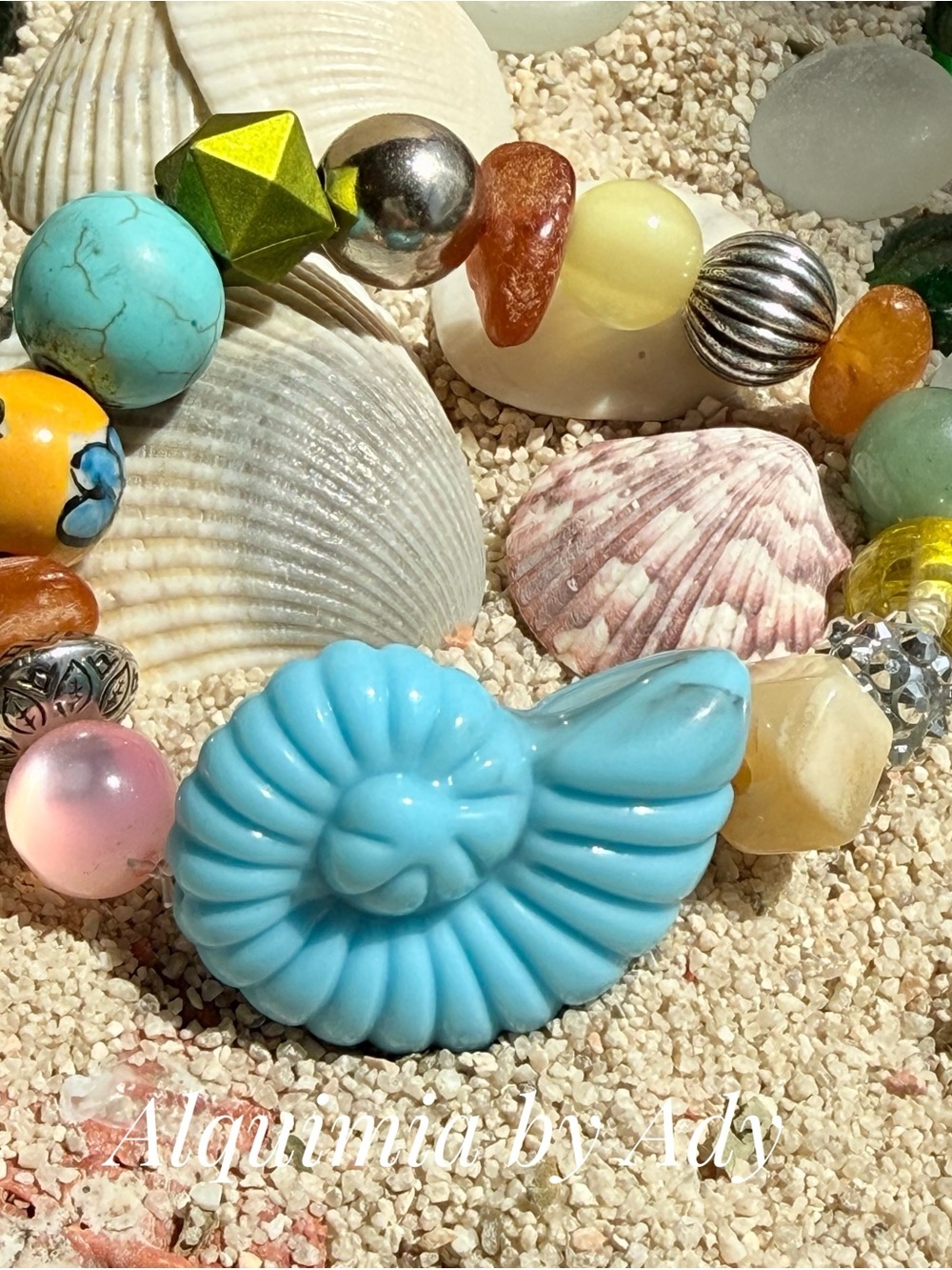 Brutalist Turquoise Blue Nautilus Shell Bead Bracelet